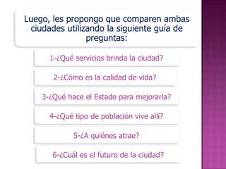 Luego, les propongo que comparen ambas
 ciudades utilizando la siguiente guía de
                preguntas:

      1-¿Qué servicios brinda la ciudad?

       2-¿Cómo es la calidad de vida?

    3-¿Qué hace el Estado para mejorarla?

      4-¿Qué tipo de población vive allí?

             5-¿A quiénes atrae?

       6-¿Cuál es el futuro de la ciudad?
 