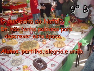 9º B O que acha do Natal?   Dt :   não tenho palavras para descrever esta época. Alunos : partilha, alegria e união.  