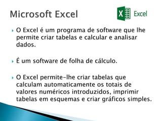  O Excel é um programa de software que lhe
permite criar tabelas e calcular e analisar
dados.
 É um software de folha de cálculo.
 O Excel permite-lhe criar tabelas que
calculam automaticamente os totais de
valores numéricos introduzidos, imprimir
tabelas em esquemas e criar gráficos simples.
 