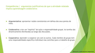 Elaborado Por: Ivanilda Nascimento Delgado Ramos
 Argumentativa: apresentar razões consistentes em defesa dos seus pontos de
vista;
 Colaborativa: criar um “espírito” de ação e responsabilidade grupal. As tarefas são
dinamicamente distribuídas ao longo das discussões.
 Cooperativa: Aprender a cooperar uns com os outros. Cada membro do grupo tem
uma responsabilidade específica individual mas contribui para o trabalho do grupo.
Competências / argumentos justificativos de que a atividade relatada
implica aprendizagem colaborativa
 