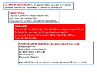 SISTEMA ECONÓMICO: forma en que los Estados organizan la producción 
de bienes y servicios en su sociedad y la distribución de beneficios. 
SUBSISTENCIA: 
Tradicional, para cubrir necesidades mínimas. 
Agricultura y ganadería sencillas 
Construcción de viviendas con materiales del entorno… 
COMUNISTA: 
Centralizado por Estado, que controla todos los aspectos económicos. 
Es dueño de empresas y de los medios de producción. 
Decide qué producir, cómo vender, cómo repartir beneficios… 
No propiedad privada. 
CAPITALISTA O DE MERCADO: Libre comercio, libre mercado. 
Empresas privadas. 
Búsqueda del máximo beneficio. 
Ley de la oferta y la demanda 
Libre competencia 
Monopolio, oligopolio 
A veces los Estados tienen que intervenir para algunos problemas económicos 
 