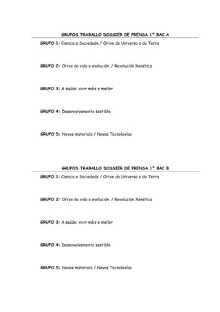 GRUPOS TRABALLO DOSSIER DE PRENSA 1º BAC A 
GRUPO 1: Ciencia e Sociedade / Orixe do Universo e da Terra 
GRUPO 2: Orixe da vida e evolución. / Revolución Xenética 
GRUPO 3: A saúde: vivir máis e mellor 
GRUPO 4: Desenvolvemento sostible 
GRUPO 5: Novos materiais / Novas Tecnoloxías 
GRUPOS TRABALLO DOSSIER DE PRENSA 1º BAC B 
GRUPO 1: Ciencia e Sociedade / Orixe do Universo e da Terra 
GRUPO 2: Orixe da vida e evolución. / Revolución Xenética 
GRUPO 3: A saúde: vivir máis e mellor 
GRUPO 4: Desenvolvemento sostible 
GRUPO 5: Novos materiais / Novas Tecnoloxías 
