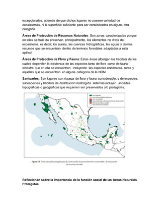 excepcionales, además de que dichos lugares no poseen variedad de
ecosistemas, ni la superficie suficiente para ser considerados en alguna otra
categoría.
Áreas de Protección de Recursos Naturales: Son zonas caracterizadas porque
en ellas se trata de preservar, principalmente, los elementos no vivos del
ecosistema, es decir; los suelos, las cuencas hidrográficas, las aguas y demás
recursos que se encuentran dentro de terrenos forestales adaptados a esta
aptitud.
Áreas de Protección de Flora y Fauna: Estas áreas albergan los hábitats de los
cuales dependen la existencia de las especies tanto de flora como de fauna
silvestre que en ella se encuentran, incluyendo las especies endémicas, raras y
aquellas que se encuentran en alguna categoría de la NOM.
Santuarios: Son lugares con riqueza de flora y fauna considerable, y de especies,
subespecies y hábitats de distribución restringida. Además incluyen unidades
topográficas o geográficas que requieren ser preservadas y/o protegidas.
Reflexionan sobre la importancia de la función social de las Áreas Naturales
Protegidas
 