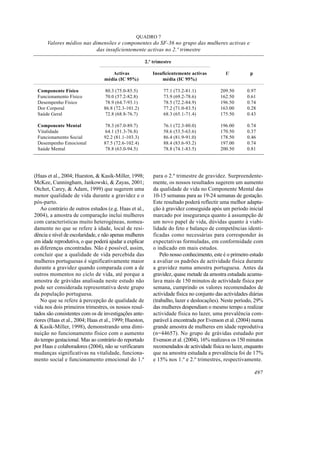 QUADRO 7
      Valores médios nas dimensões e componentes do SF-36 no grupo das mulheres activas e
                           das insuficientemente activas no 2.º trimestre

                                                         2.º trimestre

                                     Activas                Insuficientemente activas          U           p
                                  média (IC 95%)                média (IC 95%)

 Componente Físico                80.3 (75.0-85.5)                77.1 (73.2-81.1)           209.50       0.97
 Funcionamento Físico              70.0 (57.2-82.8)               73.9 (69.2-78.6)           162.50       0.61
 Desempenho Físico                 78.9 (64.7-93.1)               78.5 (72.2-84.9)           196.50       0.74
 Dor Corporal                     86.8 (72.3-101.2)               77.2 (71.0-83.5)           163.00       0.28
 Saúde Geral                       72.8 (68.8-76.7)               68.3 (65.1-71.4)           175.50       0.43

 Componente Mental                78.3 (67.0-89.7)                76.1 (72.3-80.0)           196.00       0.74
 Vitalidade                       64.1 (51.3-76.8)                58.6 (53.5-63.6)           170.50       0.37
 Funcionamento Social             92.2 (81.1-103.3)               86.4 (81.9-91.0)           178.50       0.46
 Desempenho Emocional             87.5 (72.6-102.4)               88.4 (83.6-93.2)           197.00       0.74
 Saúde Mental                     78.8 (63.0-94.5)                78.8 (74.1-83.5)           200.50       0.81




(Haas et al., 2004; Hueston, & Kasik-Miller, 1998;           para o 2.º trimestre de gravidez. Surpreendente-
McKee, Cunningham, Jankowski, & Zayas, 2001;                 mente, os nossos resultados sugerem um aumento
Otchet, Carey, & Adam, 1999) que sugerem uma                 da qualidade de vida no Componente Mental das
menor qualidade de vida durante a gravidez e o               10-15 semanas para as 19-24 semanas de gestação.
pós-parto.                                                   Este resultado poderá reflectir uma melhor adapta-
   Ao contrário de outros estudos (e.g. Haas et al.,         ção à gravidez conseguida após um período inicial
2004), a amostra de comparação inclui mulheres               marcado por insegurança quanto à assumpção de
com características muito heterogéneas, nomea-               um novo papel de vida, dúvidas quanto à viabi-
damente no que se refere à idade, local de resi-             lidade do feto e balanço de competências identi-
dência e nível de escolaridade, e não apenas mulheres        ficadas como necessárias para corresponder às
em idade reprodutiva, o que poderá ajudar a explicar         expectativas formuladas, em conformidade com
as diferenças encontradas. Não é possível, assim,            o indicado em mais estudos.
concluir que a qualidade de vida percebida das                  Pelo nosso conhecimento, este é o primeiro estudo
mulheres portuguesas é significativamente maior              a avaliar os padrões de actividade física durante
durante a gravidez quando comparada com a de                 a gravidez numa amostra portuguesa. Antes da
outros momentos no ciclo de vida, até porque a               gravidez, quase metade da amostra estudada acumu-
amostra de grávidas analisada neste estudo não               lava mais de 150 minutos de actividade física por
pode ser considerada representativa deste grupo              semana, cumprindo os valores recomendados de
da população portuguesa.                                     actividade física no conjunto das actividades diárias
   No que se refere à percepção de qualidade de              (trabalho, lazer e deslocações). Neste período, 29%
vida nos dois primeiros trimestres, os nossos resul-         das mulheres despendiam o mesmo tempo a realizar
tados são consistentes com os de investigações ante-         actividade física no lazer, uma prevalência com-
riores (Haas et al., 2004; Haas et al., 1999; Hueston,       parável à encontrada por Evenson et al. (2004) numa
& Kasik-Miller, 1998), demonstrando uma dimi-                grande amostra de mulheres em idade reprodutiva
nuição no funcionamento físico com o aumento                 (n=44657). No grupo de grávidas estudado por
do tempo gestacional. Mas ao contrário do reportado          Evenson et al. (2004), 16% realizava os 150 minutos
por Haas e colaboradores (2004), não se verificaram          recomendados de actividade física no lazer, enquanto
mudanças significativas na vitalidade, funciona-             que na amostra estudada a prevalência foi de 17%
mento social e funcionamento emocional do 1.º                e 15% nos 1.º e 2.º trimestres, respectivamente.

                                                                                                               497
 