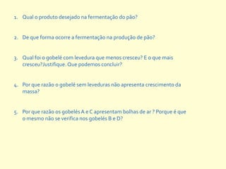 1. Qual o produto desejado na fermentação do pão?


2. De que forma ocorre a fermentação na produção de pão?


3. Qual foi o gobelé com levedura que menos cresceu? E o que mais
   cresceu?Justifique. Que podemos concluir?


4. Por que razão o gobelé sem leveduras não apresenta crescimento da
   massa?


5. Por que razão os gobelés A e C apresentam bolhas de ar ? Porque é que
   o mesmo não se verifica nos gobelés B e D?
 