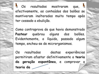 Biogénese Os  resultados  mostraram  que, efectivamente, os conteúdos dos balões se mantiveram inalterados muito tempo após ter cessado a ebulição. Como contraprova do que havia demonstrado  Pasteur  quebrou alguns dos balões. Evidentemente, o líquido, passado algum tempo, encheu-se de microrganismos.  Os resultados  destas experiências permitiram afastar definitivamente a  teoria da geração espontânea , e comprovar a  teoria da  . 