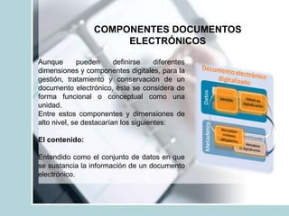 COMPONENTES DOCUMENTOS
ELECTRÓNICOS
Aunque pueden definirse diferentes
dimensiones y componentes digitales, para la
gestión, tratamiento y conservación de un
documento electrónico, éste se considera de
forma funcional o conceptual como una
unidad.
Entre estos componentes y dimensiones de
alto nivel, se destacarían los siguientes:
El contenido:
Entendido como el conjunto de datos en que
se sustancia la información de un documento
electrónico.
 