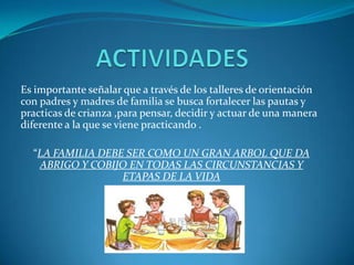 Es importante señalar que a través de los talleres de orientación
con padres y madres de familia se busca fortalecer las pautas y
practicas de crianza ,para pensar, decidir y actuar de una manera
diferente a la que se viene practicando .

  “LA FAMILIA DEBE SER COMO UN GRAN ARBOL QUE DA
   ABRIGO Y COBIJO EN TODAS LAS CIRCUNSTANCIAS Y
                  ETAPAS DE LA VIDA
 