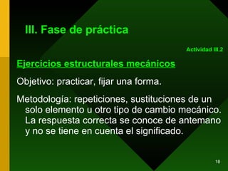 III. Fase de práctica Ejercicios estructurales mecánicos Objetivo: practicar, fijar una forma.  Metodología: repeticiones, sustituciones de un solo elemento u otro tipo de cambio mecánico. La respuesta correcta se conoce de antemano y no se tiene en cuenta el significado. Actividad III.2 