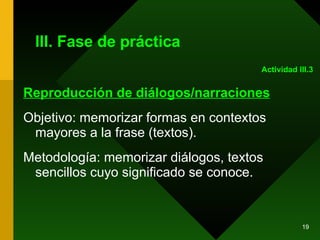 III. Fase de práctica Reproducción de diálogos/narraciones Objetivo: memorizar formas en contextos mayores a la frase (textos). Metodología: memorizar diálogos, textos sencillos cuyo significado se conoce.  Actividad III.3 