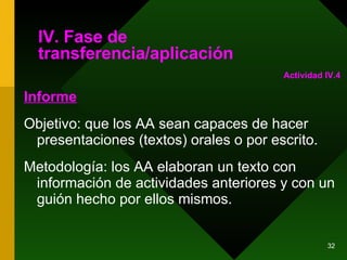IV. Fase de transferencia/aplicación Informe Objetivo: que los AA sean capaces de hacer presentaciones (textos) orales o por escrito. Metodología: los AA elaboran un texto con información de actividades anteriores y con un guión hecho por ellos mismos. Actividad IV.4 