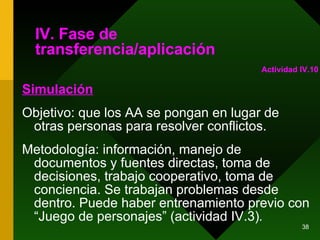 IV. Fase de transferencia/aplicación Simulación Objetivo: que los AA se pongan en lugar de otras personas para resolver conflictos. Metodología: información, manejo de documentos y fuentes directas, toma de decisiones, trabajo cooperativo, toma de conciencia. Se trabajan problemas desde dentro. Puede haber entrenamiento previo con “Juego de personajes” (actividad IV.3) .  Actividad IV.10 