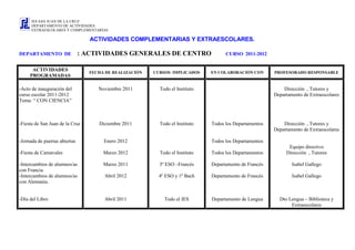IES SAN JUAN DE LA CRUZ
      DEPARTAMENTO DE ACTIVIDADES
      EXTRAESCOLARES Y COMPLEMENTARÍAS

                                  ACTIVIDADES COMPLEMENTARIAS Y EXTRAESCOLARES.

DEPARTAMENTO DE                : ACTIVIDADES GENERALES DE CENTRO                    CURSO 2011-2012


      ACTIVIDADES
                                 FECHA DE REALIZACIÓN   CURSOS IMPLICADOS     EN COLABORACIÓN CON       PROFESORADO RESPONSABLE
     PROGRAMADAS

-Acto de inauguración del           Noviembre 2011        Todo el Instituto                                 Dirección , Tutores y
curso escolar 2011-2012                                                                                 Departamento de Extraescolares
Tema: “ CON CIENCIA”



-Fiesta de San Juan de la Cruz      Diciembre 2011        Todo el Instituto   Todos los Departamentos       Dirección , Tutores y
                                                                                                        Departamento de Extraescolares

-Jornada de puertas abiertas          Enero 2012                              Todos los Departamentos
                                                                                                              Equipo directivo
-Fiesta de Carnavales                 Marzo 2012          Todo el Instituto   Todos los Departamentos        Dirección , Tutores

-Intercambios de alumnos/as           Marzo 2011          3º ESO –Francés     Departamento de Francés           Isabel Gallego
con Francia.                                                                                                           .
-Intercambios de alumnos/as           Abril 2012         4º ESO y 1º Bach     Departamento de Francés           Isabel Gallego
con Alemania.


-Día del Libro                        Abril 2011            Todo el IES       Departamento de Lengua      Dto Lengua – Biblioteca y
                                                                                                               Extraescolares
 