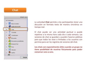 Chat

La actividad Chat permite a los participantes tener una
discusión en formato texto de manera sincrónica en
tiempo real.
El chat puede ser una actividad puntual o puede
repetirse a la misma hora cada día o cada semana. Las
sesiones de chat se guardan y pueden hacerse públicas
para que todos las vean o limitadas a los usuarios con
permiso para ver los registros de sesiones del chat.
Los chats son especialmente útiles cuando un grupo no
tiene posibilidad de reunirse físicamente para poder
conversar cara-a-cara.

 