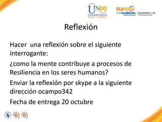 Reflexión 
Hacer una reflexión sobre el siguiente 
interrogante: 
¿como la mente contribuye a procesos de 
Resiliencia en los seres humanos? 
Enviar la reflexión por skype a la siguiente 
dirección ocampo342 
Fecha de entrega 20 octubre 
 