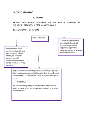 “ACCESO REMOTO” 
ACTIVIDAD 
INSTRUCCIONES: ABRE EL PROGRAMA DE WORD, CAPTURA Y CONTESTA LAS 
SIGUIENTES PREGUNTAS, CABE MENCIONAR QUE 
DEBES APOYARTE DE INTERNET. 
ACCESO REMOTO 
En informática, se considera 
Administración Remota a la 
funcionalidad de algunos 
programas que permiten 
realizar ciertos tipos de acciones 
desde un equipo local 
El acceso remoto es una 
herramienta disponible para 
negocios. En este tipo de 
sistemas, los empleados 
acceden a sus redes 
corporativas desde lugares 
remotos y realizan su trabajo 
por Internet 
Poder realizar mantenimiento preventivo y correctivo a distancia 
Hacer copias de seguridad de la información de la otra pc. Transefir 
archivos de PC a PC sin problema. Es más económica la asistencia 
remota. 
DESVENTAJAS 
No poder hacer ningún tipo de mantenimiento al hardware No 
poder formatear la otra pc. Si se pierde la conexión se termina la 
asistencia remota 
 