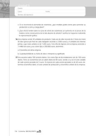 136 Economía BACHILLERATO
Centro:
Curso: Fecha:
Nombre del alumno/a:
e. Si se incrementa la demanda de estanterías, ¿qué medidas podría tomar para aumentar su
producción a corto y a largo plazo?
f. ¿Qué efecto tendrá sobre la curva de oferta de estanterías un aumento en el precio de la
madera como consecuencia de la tala abusiva de árboles? Justiﬁca la respuesta realizando
la representación gráﬁca.
16 Una empresa vende 40 unidades de producto. Cada una de ellas necesita de 2 horas de mano
de obra (precio por hora de cada trabajador asciende a 2.000 euros) y 4 unidades de materias
primas, cuyo coste unitario es de 1.200 euros. Si la cifra de ingresos de la empresa asciende a
1 millón de euros y sus costes ﬁjos a 200.000 euros, determina:
a. El beneﬁcio de dicha empresa.
b. La productividad de su mano de obra e interpreta su signiﬁcado.
17 Una asesoría realiza 100 servicios diarios. Los costes ﬁjos de las instalaciones son de 100 euros
diarios. Tiene un economista con un salario diario de 80 euros, siendo a su vez el coste variable
de cada servicio prestado de 5 euros. Si el precio de cada servicio prestado es de 60 euros, de-
termina el beneﬁcio diario, el coste unitario de producción y el beneﬁcio unitario de la empresa.
Unidad 5
 