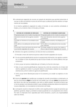 160 Economía BACHILLERATO
Solucionario
Unidad 3
1 Se entiende por asignación de recursos un conjunto de decisiones que permiten determinar el
uso que se dará a los distintos recursos de tal forma que su utilización permita satisfacer el mayor
número de necesidades.
En el sistema capitalista la asignación la realiza el mercado, en una economía centralizada el
Estado, y en un sistema mixto, el mercado y el Estado.
2
SISTEMA DE ECONOMÍA DE MERCADO SISTEMA DE ECONOMÍA PLANIFICADA
Propiedad privada de los medios de producción. Propiedad pública de los medios de producción.
Libertad de elección de los agentes económi-
cos.
No existe libertad de elección de los agentes
económicos.
El Estado no interviene en la actividad econó-
mica
Toda actividad económica está dirigida por el
Estado.
El ﬁn último es la satisfacción del interés indivi-
dual.
El ﬁn último es la satisfacción de las necesida-
des colectivas.
El mercado a través del sistema de precios reali-
za la función asignadora de recursos.
El Estado establece los precios y los salarios y
lleva a cabo la función asignadora de recursos.
3 – Orientan a los agentes económicos a la hora de tomar sus decisiones.
– El mercado a través del sistema de precios realiza la función asignadora de recursos.
4 1. En una economía planiﬁcada los precios no proporcionan información a los agentes económi-
cos, ni reﬂejan el coste de producción ya que los ﬁja el Estado con criterios políticos más que
económicos.
2. Cierto, ya que son precios establecidos por el Estado y no fruto de estas leyes.
3. Falso, en una economía planiﬁcada las empresas tal y como las conocemos en el marco del
sistema capitalista no existen. Su actuación deberá ir encaminada a satisfacer las necesidades
colectivas tal y como le ordene la agencia de planiﬁcación.
4. Cierto, ya que tienen libertad para actuar en la economía y así cumplir sus objetivos en este
sistema.
5 El sistema de precios hace posible que se pongan de acuerdo consumidores y empresarios, ya
que los consumidores eligen en función de esta variable, que es la que indica a los productores
qué bienes han sido más demandados y por tanto se deben producir. Al decidir los bienes que
se han de producir está indicando también a qué actividades productivas deberemos destinar los
recursos disponibles, sin necesidad de la intervención del Estado.
6 La concepción actual de empresario lo deﬁne como aquella persona o grupo de personas que
planiﬁcan, gestionan, dirigen y controlan la empresa pudiendo ser o no propietarios de la misma.
Por tanto el empresario tiene capacidad para tomar decisiones y asume una responsabilidad
sobre las mismas.
 