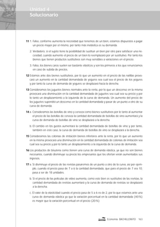 Solucionario
163Economía BACHILLERATO
11 1. Falso, conforme aumenta la necesidad que tenemos de un bien, estamos dispuestos a pagar
un precio mayor por el mismo, por tanto más inelástica es su demanda.
2. Verdadero, si el sujeto tiene la posibilidad de sustituir un bien por otro para satisfacer una ne-
cesidad, cuando aumente el precio de un bien lo reemplazará por un sustitutivo. Por tanto los
bienes que tienen productos sustitutivos son muy sensibles a variaciones en el precio.
3. Falso, los bienes caros suelen ser bastante elásticos y son los primeros a los que renunciamos
en caso de subida de precios.
12 Estamos ante dos bienes sustitutivos, por lo que un aumento en el precio de las natillas provo-
cará un aumento en la cantidad demandada de yogures sea cual sea el precio de los yogures
y por tanto la curva de demanda de yogures se desplazará hacia la derecha.
13 Consideramos los juguetes bienes normales ante la renta, por lo que un descenso en la misma
provocará una disminución en la cantidad demandada de juguetes sea cual sea su precio y por
lo tanto un desplazamiento a la izquierda de la curva de demanda. Un aumento del precio de
los juguetes supondrá un descenso en la cantidad demandada y pasar de un punto a otro de su
curva de demanda.
14 a. Consideramos las botellas de vino y cerveza como bienes sustitutivos por lo tanto al aumentar
el precio de las botellas de cerveza la cantidad demandada de botellas de vino aumentará y la
curva de demanda de botellas de vino se desplazará a la derecha.
b. El cambio en los gustos aumentará la cantidad demandada de botellas de vino y por tanto,
también en este caso, la curva de demanda de botellas de vino se desplazará a la derecha.
15 Consideramos las colonias de imitación bienes inferiores ante la renta, por lo que un aumento
en la misma provocará una disminución en la cantidad demandada de colonias de imitación sea
cual sea su precio y por lo tanto un desplazamiento a la izquierda de la curva de demanda.
16 Los productos de bisutería como tienen una curva de demanda elástica, ya que no son bienes
necesarios, cuando disminuye su precio los empresarios que los ofertan verán aumentados sus
ingresos.
17 a. Si disminuye el precio de las revistas pasaremos de un punto a otro de la curva, así por ejem-
plo, cuando el precio pasa de 7 a 6 la cantidad demandada, que para el precio de 7 era 10,
pasa a ser de 18 unidades.
b. Si el precio de las películas de vídeo aumenta, como este bien es sustitutivo de las revistas, la
cantidad demandada de revistas aumentará y la curva de demanda de revistas se desplazará
a la derecha.
c. El valor de la elasticidad cuando el precio pasa de 5 a 6 es de 2, por lo que estamos ante una
curva de demanda elástica ya que la variación porcentual en la cantidad demandada (40%)
es mayor que la variación porcentual en el precio (20%).
Unidad 4
 