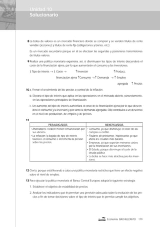 Solucionario
179Economía BACHILLERATO
Unidad 10
8 La bolsa de valores es un mercado ﬁnanciero donde se compran y se venden títulos de renta
variable (acciones) y títulos de renta ﬁja (obligaciones y bonos, etc.).
Es un mercado secundario porque en él se efectúan las segundas y posteriores transmisiones
de títulos valores.
9 Realiza una política monetaria expansiva, así, si disminuyen los tipos de interés descenderá el
coste de la ﬁnanciación ajena, por lo que aumentarán el consumo y las inversiones.
↓Tipo de interés → ↓ Coste → ↑Inversión ↑Producc.
ﬁnanciación ajena ↑Consumo →↑ Demanda → ↑ Empleo
agregada ↑ Precios
10 a. Frenar el crecimiento de los precios o control de la inﬂación.
b. Elevaría el tipo de interés que aplica en las operaciones en el mercado abierto, concretamente,
en las operaciones principales de ﬁnanciación.
c. Un aumento del tipo de interés aumentará el coste de la ﬁnanciación ajena por lo que descen-
derá el consumo y la inversión y por tanto la demanda agregada. Ello contribuirá a un descenso
en el nivel de producción, de empleo y de precios.
11
PERJUDICADOS BENEFICIADOS
• Ahorradores: reciben menor remuneración por
sus ahorros.
• La inﬂación: la bajada de tipo de interés
favorece el consumo e incrementa la presión
sobre los precios.
• Consumo, ya que disminuye el coste de las
compras a crédito.
• Titulares de préstamos hipotecarios ya que
ahora les resultan más baratos.
• Empresas, ya que soportan menores costes
por la ﬁnanciación de sus inversiones.
• El Estado, porque disminuye el coste de la
deuda pública.
• La bolsa se hace más atractiva para los inver-
sores.
12 Cierto, porque está llevando a cabo una política monetaria restrictiva que tiene un efecto negativo
sobre el nivel de empleo.
13 Para ejecutar la política monetaria el Banco Central Europeo adopta la siguiente estrategia:
1. Establecer el objetivo de estabilidad de precios.
2. Analizar los indicadores que le permitan una previsión adecuada sobre la evolución de los pre-
cios a ﬁn de tomar decisiones sobre el tipo de interés que le permita cumplir los objetivos.
 