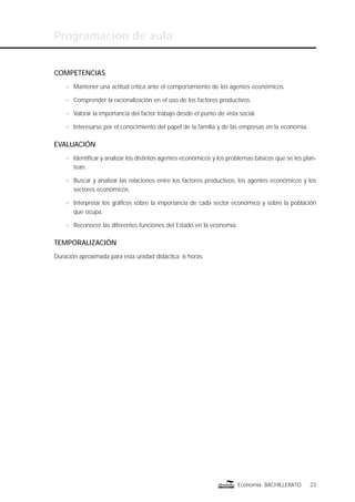 23Economía BACHILLERATO
COMPETENCIAS
n Mantener una actitud crítica ante el comportamiento de los agentes económicos.
n Comprender la racionalización en el uso de los factores productivos.
n Valorar la importancia del factor trabajo desde el punto de vista social.
n Interesarse por el conocimiento del papel de la familia y de las empresas en la economía.
EVALUACIÓN
n Identiﬁcar y analizar los distintos agentes económicos y los problemas básicos que se les plan-
tean.
n Buscar y analizar las relaciones entre los factores productivos, los agentes económicos y los
sectores económicos.
n Interpretar los gráﬁcos sobre la importancia de cada sector económico y sobre la población
que ocupa.
n Reconocer las diferentes funciones del Estado en la economía.
TEMPORALIZACIÓN
Duración aproximada para esta unidad didáctica: 6 horas.
Programación de aula
 