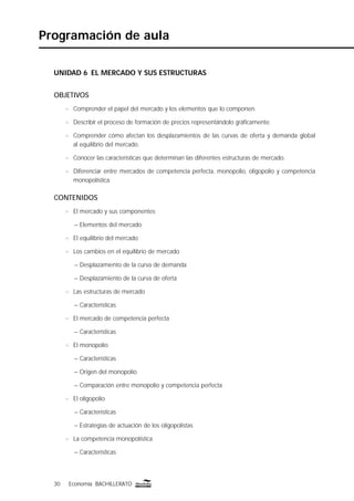 30 Economía BACHILLERATO30 Economía BACHILLERATO
Programación de aula
UNIDAD 6 EL MERCADO Y SUS ESTRUCTURAS
OBJETIVOS
n Comprender el papel del mercado y los elementos que lo componen.
n Describir el proceso de formación de precios representándolo gráﬁcamente.
n Comprender cómo afectan los desplazamientos de las curvas de oferta y demanda global
al equilibrio del mercado.
n Conocer las características que determinan las diferentes estructuras de mercado.
n Diferenciar entre mercados de competencia perfecta, monopolio, oligopolio y competencia
monopolística.
CONTENIDOS
n El mercado y sus componentes
– Elementos del mercado
n El equilibrio del mercado
n Los cambios en el equilibrio de mercado
– Desplazamiento de la curva de demanda
– Desplazamiento de la curva de oferta
n Las estructuras de mercado
– Características
n El mercado de competencia perfecta
– Características
n El monopolio
– Características
– Origen del monopolio
– Comparación entre monopolio y competencia perfecta
n El oligopolio
– Características
– Estrategias de actuación de los oligopolistas
n La competencia monopolística
– Características
 