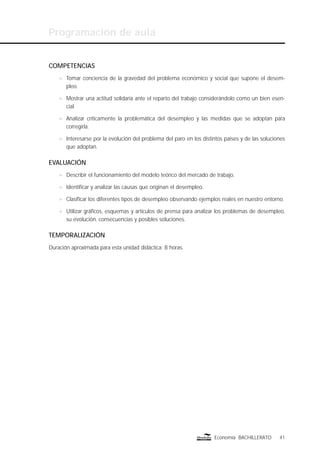 Programación de aula
41Economía BACHILLERATO
COMPETENCIAS
n Tomar conciencia de la gravedad del problema económico y social que supone el desem-
pleo.
n Mostrar una actitud solidaria ante el reparto del trabajo considerándolo como un bien esen-
cial.
n Analizar críticamente la problemática del desempleo y las medidas que se adoptan para
corregirla.
n Interesarse por la evolución del problema del paro en los distintos países y de las soluciones
que adoptan.
EVALUACIÓN
n Describir el funcionamiento del modelo teórico del mercado de trabajo.
n Identiﬁcar y analizar las causas que originan el desempleo.
n Clasiﬁcar los diferentes tipos de desempleo observando ejemplos reales en nuestro entorno.
n Utilizar gráﬁcos, esquemas y artículos de prensa para analizar los problemas de desempleo,
su evolución, consecuencias y posibles soluciones.
TEMPORALIZACIÓN
Duración aproximada para esta unidad didáctica: 8 horas.
 
