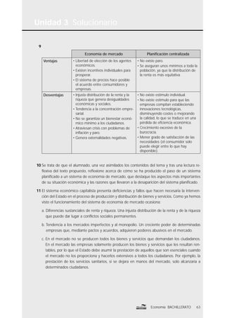 9
Economía de mercado Planiﬁcación centralizada
Ventajas • Libertad de elección de los agentes
económicos.
• Existen incentivos individuales para
prosperar.
• El sistema de precios hace posible
el acuerdo entre consumidores y
empresas.
• No existe paro.
• Se aseguran unos mínimos a toda la
población, ya que la distribución de
la renta es más equitativa.
Desventajas • Injusta distribución de la renta y la
riqueza que genera desigualdades
económicas y sociales.
• Tendencia a la concentración empre-
sarial.
• No se garantiza un bienestar econó-
mico mínimo a los ciudadanos.
• Atraviesan crisis con problemas de
inﬂación y paro.
• Genera externalidades negativas.
• No existe estímulo individual.
• No existe estímulo para que las
empresas compitan estableciendo
innovaciones tecnológicas,
disminuyendo costes o mejorando
la calidad, lo que se traduce en una
pérdida de eﬁciencia económica.
• Crecimiento excesivo de la
burocracia.
• Menor grado de satisfacción de las
necesidades (el consumidor solo
puede elegir entre lo que hay
disponible).
10 Se trata de que el alumnado, una vez asimilados los contenidos del tema y tras una lectura re-
ﬂexiva del texto propuesto, reﬂexione acerca de cómo se ha producido el paso de un sistema
planiﬁcado a un sistema de economía de mercado, que destaque los aspectos más importantes
de su situación económica y las razones que llevaron a la desaparición del sistema planiﬁcado.
11 El sistema económico capitalista presenta deﬁciencias y fallos que hacen necesaria la interven-
ción del Estado en el proceso de producción y distribución de bienes y servicios. Como ya hemos
visto el funcionamiento del sistema de economía de mercado ocasiona:
a. Diferencias sustanciales de renta y riqueza. Una injusta distribución de la renta y de la riqueza
que puede dar lugar a conﬂictos sociales permanentes.
b. Tendencia a los mercados imperfectos y al monopolio. Un creciente poder de determinadas
empresas que, mediante pactos y acuerdos, adquieren poderes abusivos en el mercado.
c. En el mercado no se producen todos los bienes y servicios que demandan los ciudadanos.
En el mercado las empresas solamente producen los bienes y servicios que les resultan ren-
tables, por lo que el Estado debe asumir la prestación de aquellos que son esenciales cuando
el mercado no los proporciona y hacerlos extensivos a todos los ciudadanos. Por ejemplo, la
prestación de los servicios sanitarios, si se dejara en manos del mercado, solo alcanzaría a
determinados ciudadanos.
Unidad 3 Solucionario
63Economía BACHILLERATO
 