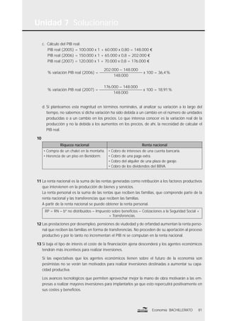 Unidad 7 Solucionario
81Economía BACHILLERATO
c. Cálculo del PIB real:
PIB real (2005) = 100.000 x 1 + 60.000 x 0,80 = 148.000 €
PIB real (2006) = 150.000 x 1 + 65.000 x 0,8 = 202.000 €
PIB real (2007) = 120.000 x 1 + 70.000 x 0,8 = 176.000 €
% variación PIB real (2006) =
202.000 – 148.000
148.000
x 100 = 36,4%
% variación PIB real (2007) =
176.000 – 148.000
148.000
x 100 = 18,91%
d. Si planteamos esta magnitud en términos nominales, al analizar su variación a lo largo del
tiempo, no sabemos si dicha variación ha sido debida a un cambio en el número de unidades
producidas o a un cambio en los precios. Lo que interesa conocer es la variación real de la
producción y no la debida a los aumentos en los precios, de ahí, la necesidad de calcular el
PIB real.
10
Riqueza nacional Renta nacional
• Compra de un chalet en la montaña.
• Herencia de un piso en Benidorm.
• Cobro de intereses de una cuenta bancaria.
• Cobro de una paga extra.
• Cobro del alquiler de una plaza de garaje.
• Cobro de los dividendos del BBVA.
11 La renta nacional es la suma de las rentas generadas como retribución a los factores productivos
que intervienen en la producción de bienes y servicios.
La renta personal es la suma de las rentas que reciben las familias, que comprende parte de la
renta nacional y las transferencias que reciben las familias.
A partir de la renta nacional se puede obtener la renta personal.
RP = RN – bº no distribuidos – Impuesto sobre beneﬁcios – Cotizaciones a la Seguridad Social +
+ Transferencias.
12 Las prestaciones por desempleo, pensiones de viudedad y de orfandad aumentan la renta perso-
nal que reciben las familias en forma de transferencias. No proceden de su aportación al proceso
productivo y por lo tanto no incrementan el PIB ni se computan en la renta nacional.
13 Si baja el tipo de interés el coste de la ﬁnanciación ajena descenderá y los agentes económicos
tendrán más incentivos para realizar inversiones.
Si las expectativas que los agentes económicos tienen sobre el futuro de la economía son
pesimistas no se verán tan motivados para realizar inversiones destinadas a aumentar su capa-
cidad productiva.
Los avances tecnológicos que permiten aprovechar mejor la mano de obra motivarán a las em-
presas a realizar mayores inversiones para implantarlos ya que esto repercutirá positivamente en
sus costes y beneﬁcios.
 