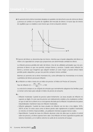 Unidad 9 Solucionario
90 Economía BACHILLERATO
6 Un aumento de la oferta monetaria desplaza en paralelo a la derecha la curva de oferta de dinero
y provoca un cambio en el punto de equilibrio del mercado de dinero; el nuevo tipo de interés
de equilibrio que se establece será menor que el de la situación anterior.
7 El precio del dinero se denomina tipo de interés, mientras que el poder adquisitivo del dinero se
reﬁere a la capacidad de compra que proporciona una determinada cantidad de dinero.
La inﬂación provoca pérdida del valor del dinero. Una de las utilidades principales que nos pro-
porciona el dinero es que nos permite comprar bienes y servicios. Cuando existe inﬂación los
bienes y servicios que tengamos que adquirir tendrán un coste mayor y nuestro dinero habrá
perdido poder adquisitivo, ya que nos permite comprar menos cantidad.
Además un aumento de la oferta monetaria tal y como aﬁrmaban los monetaristas en la teoría
cuantitativa del dinero provocará inﬂación.
8 La inﬂación se mide a través de un índice de precios: el Índice de Precios al Consumo.
Tasa de inﬂación (t) =
IPCt
– IPCt–1
IPCt–1
x 100
La cesta de la compra es un conjunto de artículos que normalmente adquieren las familias y que
se toman como base para calcular el índice de precios al consumo.
9 a.
– Inﬂación moderada: Cuando los precios suben lentamente. Las tasas anuales de inﬂación no
superan un dígito. En este caso los precios son relativamente estables y los ciudadanos confían
en que el valor de su dinero no se verá apenas afectado por la inﬂación. Actualmente los países
industrializados mantienen tasas de inﬂación moderadas.
– Inﬂación galopante: Cuando las tasas anuales de inﬂación son de dos o tres dígitos: 30%,
200% al año. En estos casos como el dinero pierde valor rápidamente el público mantendrá
en efectivo el mínimo imprescindible, y la población intentará acaparar bienes reales.
– Hiperinﬂación: Cuando las tasas de inﬂación alcanzan cotas tan altas que se pierde el control
sobre los precios y el dinero apenas tiene valor. Una inﬂación sin freno supondrá la quiebra del
sistema monetario y en el último extremo la vuelta de la economía al trueque.
iºe
i’e
M0
M1
i
M
A
B
 