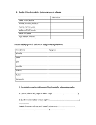 1. Escribe el hiperónimode los siguientesgruposde palabras.
hiperónimo
llama,vicuña,alpaca
revista,periódico,fascículo
huaino,marinera,vals
garbanzo,frijol,lenteja
mesa,silla,cama
rojo,marrón,amarillo
2. Escribe treshipóginosde cada unode los siguienteshiperónimos:
3. Completa losespaciosen blanco con hipónimosde las palabras destacadas.
a) ¿Qué te parecenmisjuegosde mesa?Tengo.........................,...............................y
.......................
b) Quedé impresionadaal veresosreptiles:................................,................................y
......................
Llevaré algunasprendasde vestirparael campamento:.....................................,
.................................., ................................y.................................
Hiperónimo hipóginos
planeta
sabor
pez
sentido
insecto
hueso
transporte
 