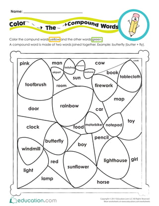 Copyright © 2017 Education.com LLC All Rights Reserved
More worksheets at www.education.com/worksheets
Name:
Color
The
Color the compund words yellow and the other words green.
A compound word is made of two words joined together. Example: butterfly (butter + fly).
Words
tootbrush
door
clock
lamp
boy
girl
light
red
car
toy
man
horse
food
pink
map
sun
cow
book
pencil
rainbow
butterfly
sunflower
lighthouse
firework
tablecloth
motorbike notepad
room
airport seahorse
cook
barnyard
ladybug
windmill
 