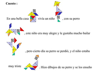 En una bella casa vivía un niño Cuento : , con su perro , este niño era muy alegre y le gustaba mucho bailar , pero cierto día su perro se perdió, y el niño estaba muy triste  . Hizo dibujos de su perro y se los enseño 