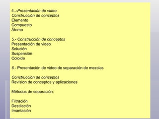   4..- Presentación de video Construcción de conceptos Elemento Compuesto Átomo 5.- Construcción de conceptos Presentación de video Solución Suspensión Coloide   6.-  Presentación de video de separación de mezclas   Construcción de conceptos Revision de conceptos y aplicaciones   Métodos de separación: Filtración Destilación Imantación 