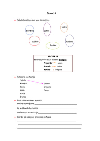 Tema 11
♣ Señala los globos que sean diminutivos
ojillos
Bombilla gatillo
Castillo mareillo
Pasillo
RECUERDA
El verbo puede estar en estos tiempos
Presente ahora
Pasado antes
Futuro después
♣ Relaciona con flechas
Saltaba
Hablaré pasado
Comió presente
Hablo futuro
Saltas
Iremos
♣ Pasa estas oraciones a pasado
El lunes como paella __________________________________________
La ardilla pela las nueces ______________________________________
María dibuja en una hoja ______________________________________
♣ Escribe las oraciones anteriores en futuro
__________________________________________________________
__________________________________________________________
__________________________________________________________
 