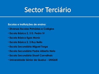 Escolas e instituições de ensino: Diversas Escolas Primárias e Colégios Escola Básica 2, 3 D. Pedro IV Escola Básica Egas Moniz Escola Básica 2, 3 Ruy Bello Escola Secundária Miguel Torga Escola Secundária Padre Alberto Neto Escola Secundária Stuart Carvalhais Universidade Sénior de Queluz - UNIQUE 