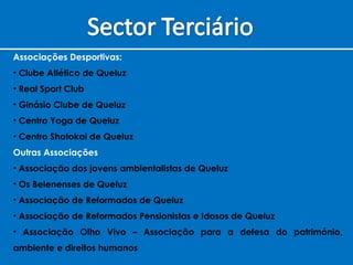 Associações Desportivas: Clube Atlético de Queluz Real Sport Club Ginásio Clube de Queluz Centro Yoga de Queluz  Centro Shotokai de Queluz Outras Associações Associação dos jovens ambientalistas de Queluz Os Belenenses de Queluz Associação de Reformados de Queluz Associação de Reformados Pensionistas e Idosos de Queluz Associação Olho Vivo – Associação para a defesa do património, ambiente e direitos humanos 