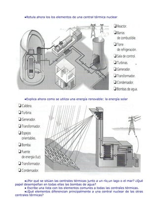 ●Rotula ahora los los elementos de una central térmica nuclear




      ●Explica ahora como se utiliza una energía renovable: la energía solar




      ●¿Por qué se sitúan las centrales térmicas junto a un río,un lago o el mar? ¿Qué
papel desempeñan en todas ellas las bombas de agua?
      ● Escribe una lista con los elementos comunes a todas las centrales térmicas.
      ●¿Qué elementos diferencian principalmente a una central nuclear de las otras
centrales térmicas?
 