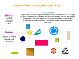 COMPOSICIONES CON FIGURAS GEOMÉTRICAS
Materiales:
Varios juegos
de figuras
geométricas.
Cuaderno.
Lápiz.
Procedimiento:
Or...