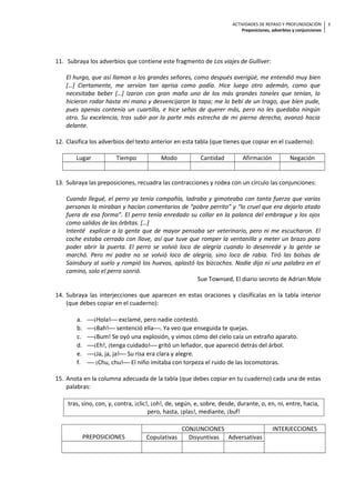 ACTIVIDADES DE REPASO Y PROFUNDIZACIÓN
Preposiciones, adverbios y conjunciones
3
11. Subraya los adverbios que contiene este fragmento de Los viajes de Gulliver:
El hurgo, que así llaman a los grandes señores, como después averigüé, me entendió muy bien
[…] Ciertamente, me servían tan aprisa como podía. Hice luego otro ademán, como que
necesitaba beber […] Izaron con gran maña uno de los más grandes toneles que tenían, lo
hicieron rodar hasta mi mano y desvencijaron la tapa; me lo bebí de un trago, que bien pude,
pues apenas contenía un cuartillo, e hice señas de querer más, pero no les quedaba ningún
otro. Su excelencia, tras subir por la parte más estrecha de mi pierna derecha, avanzó hacia
delante.
12. Clasifica los adverbios del texto anterior en esta tabla (que tienes que copiar en el cuaderno):
Lugar Tiempo Modo Cantidad Afirmación Negación
13. Subraya las preposiciones, recuadra las contracciones y rodea con un círculo las conjunciones:
Cuando llegué, el perro ya tenía compañía, ladraba y gimoteaba con tanta fuerza que varias
personas lo miraban y hacían comentarios de “pobre perrito” y “lo cruel que era dejarlo atado
fuera de esa forma”. El perro tenía enredado su collar en la palanca del embrague y los ojos
como salidos de las órbitas. […]
Intenté explicar a la gente que de mayor pensaba ser veterinario, pero ni me escucharon. El
coche estaba cerrado con llave, así que tuve que romper la ventanilla y meter un brazo para
poder abrir la puerta. El perro se volvió loco de alegría cuando lo desenredé y la gente se
marchó. Pero mi padre no se volvió loco de alegría, sino loco de rabia. Tiró las bolsas de
Sainsbury al suelo y rompió los huevos, aplastó los bizcochos. Nadie dijo ni una palabra en el
camino, solo el perro sonrió.
Sue Townsed, El diario secreto de Adrian Mole
14. Subraya las interjecciones que aparecen en estas oraciones y clasifícalas en la tabla interior
(que debes copiar en el cuaderno):
a. ¡Hola! exclamé, pero nadie contestó.
b. ¡Bah! sentenció ella. Ya veo que enseguida te quejas.
c. ¡Bum! Se oyó una explosión, y vimos cómo del cielo caía un extraño aparato.
d. ¡Eh!, ¡tenga cuidado! gritó un leñador, que apareció detrás del árbol.
e. ¡Ja, ja, ja! Su risa era clara y alegre.
f.  ¡Chu, chu! El niño imitaba con torpeza el ruido de las locomotoras.
15. Anota en la columna adecuada de la tabla (que debes copiar en tu cuaderno) cada una de estas
palabras:
tras, sino, con, y, contra, ¡clic!, ¡oh!, de, según, e, sobre, desde, durante, o, en, ni, entre, hacia,
pero, hasta, ¡plas!, mediante, ¡buf!
PREPOSICIONES
CONJUNCIONES INTERJECCIONES
Copulativas Disyuntivas Adversativas
 