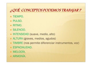 TIEMPO.
PULSO.
RITMO.
SILENCIO.
INTENSIDAD (suave, medio, alto)
ALTURA (graves, medios, agudos)
TIMBRE (nos permite diferenciar instrumentos, voz)
ESPACIALIDAD.
MELODÍA.
ARMONÍA.
 