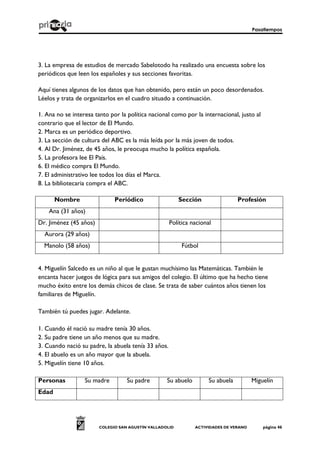 Pasatiempos
COLEGIO SAN AGUSTÍN VALLADOLID ACTIVIDADES DE VERANO página 46
3. La empresa de estudios de mercado Sabelotodo ha realizado una encuesta sobre los
periódicos que leen los españoles y sus secciones favoritas.
Aquí tienes algunos de los datos que han obtenido, pero están un poco desordenados.
Léelos y trata de organizarlos en el cuadro situado a continuación.
1. Ana no se interesa tanto por la política nacional como por la internacional, justo al
contrario que el lector de El Mundo.
2. Marca es un periódico deportivo.
3. La sección de cultura del ABC es la más leída por la más joven de todos.
4. Al Dr. Jiménez, de 45 años, le preocupa mucho la política española.
5. La profesora lee El País.
6. El médico compra El Mundo.
7. El administrativo lee todos los días el Marca.
8. La bibliotecaria compra el ABC.
Nombre Periódico Sección Profesión
Ana (31 años)
Dr. Jiménez (45 años) Política nacional
Aurora (29 años)
Manolo (58 años) Fútbol
4. Miguelín Salcedo es un niño al que le gustan muchísimo las Matemáticas. También le
encanta hacer juegos de lógica para sus amigos del colegio. El último que ha hecho tiene
mucho éxito entre los demás chicos de clase. Se trata de saber cuántos años tienen los
familiares de Miguelín.
También tú puedes jugar. Adelante.
1. Cuando él nació su madre tenía 30 años.
2. Su padre tiene un año menos que su madre.
3. Cuando nació su padre, la abuela tenía 33 años.
4. El abuelo es un año mayor que la abuela.
5. Miguelín tiene 10 años.
Personas Su madre Su padre Su abuelo Su abuela Miguelín
Edad
 
