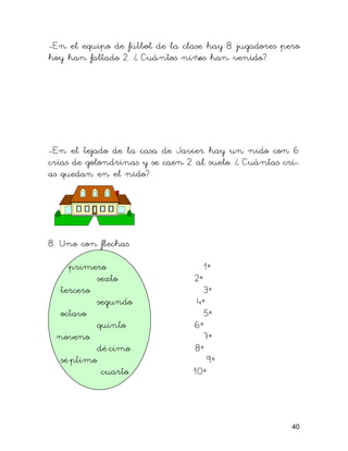 -En el equipo de fútbol de la clase hay 8 jugadores pero
hoy han faltado 2. ¿ Cuántos niños han venido?
-En el tejado de la casa de Javier hay un nido con 6
crías de golondrinas y se caen 2 al suelo. ¿ Cuántas crí-
as quedan en el nido?
8. Uno con flechas
primero 1º
sexto 2º
tercero 3º
segundo 4º
octavo 5º
quinto 6º
noveno 7º
dé cimo 8º
sé ptimo 9º
cuarto 10º
40
 