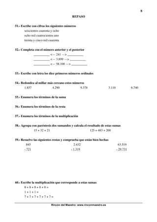 8
Rincón del Maestro: www.rinconmaestro.es
REPASO
51.- Escribe con cifras los siguientes números
seiscientos cuarenta y ocho
ocho mil cuatrocientos uno
treinta y cinco mil cuarenta
52.- Completa con el número anterior y el posterior
__________ <— 241 —> __________
__________ <— 3.899 —> __________
__________ <— 58.100 —> __________
53.- Escribe con letra los diez primeros números ordinales
54.- Redondea al millar más cercano estos números
1.857 4.290 9.378 3.110 6.740
55.- Enumera los términos de la suma
56.- Enumera los términos de la resta
57.- Enumera los términos de la multiplicación
58.- Agrupa con paréntesis dos sumandos y calcula el resultado de estas sumas
15 + 32 + 21 125 + 483 + 200
59.- Resuelve las siguientes restas y comprueba que están bien hechas
845 2.432 63.519
- 721 - 1.319 - 29.731
60.- Escribe la multiplicación que corresponde a estas sumas
8 + 8 + 8 + 8 + 8 =
1 + 1 + 1 =
7 + 7 + 7 + 7 + 7 + 7 =
 