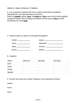 VERANO 09 – LENGUA CASTELLANA: 5º PRIMARIA
6.- Lee el siguiente fragmento del texto y cópialo sustituyendo las palabras
subrayadas por otras que signifiquen lo contrario:
Platero es pequeño, peludo, suave; tan blando por fuera, que se diría todo de algodón,
que no lleva huesos. Sólo los espejos de azabache de sus ojos son duros cual dos
escarabajos de cristal negro.
7.- Cambia el género y número de las siguientes palabras:
alcalde: _____________ ovejas: ___________________
reyes: ______________ emperador: ________________
duque: ______________ actores: __________________
poetas: _____________ alumna: ___________________
8.- Completa:
Verbo Infinitivo Gerundio Participio
Diría
Llamo
Vienen
Quedan
9.- Escribe una oración de al menos 7 palabras con los siguientes términos:
mimoso:
tierno:
suave:
8 de 18
 