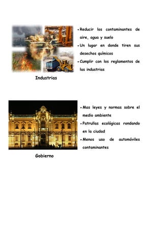 •   Reducir los contaminantes de

                 aire, agua y suelo

             •   Un lugar en donde tiren sus

                 desechos químicos

             •   Cumplir con los reglamentos de

                 las industrias

Industrias




                 •   Mas leyes y normas sobre el

                     medio ambiente

                 •   Patrullas ecológicas rondando

                     en la ciudad

                 •   Menos   uso     de   automóviles

                     contaminantes

Gobierno
 