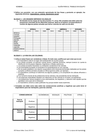 NOMBRE:.................................................................................... GUIÓN PARA EL TRABAJO EN EQUIPO
IES Nueve Valles. Curso 2015-16 T.E.4. La época del imperialismo..2
3. Define con precisión, con una extensión aproximada de tres líneas y poniendo un ejemplo, los
siguientes términos: imperialismo, colonia, darwinismo social
BLOQUE 4.- LOS GRANDES IMPERIOS COLONIALES
1- Sirviéndote de los mapas de los documentos 17 y 18 (p. 85) completa esta tabla sobre las
posesiones coloniales de los diferentes imperios. Sitúa en el espacio correspondiente el
nombre de algunos países actuales que fueron colonias de cada uno de ellos.
ÁFRICA ASIA AMÉRICA OCEANÍA
1800 1914 1800 1914 1800 1914 1800 1914
Británico
Francés
Español
Portugués
Alemán
Belga
Danés
Holandés
Japonés
Estadounidense
Italiano
BLOQUE 5.- LA VIDA EN LAS COLONIAS.
1. Indica si estas frases son verdaderas o falsas. En todo caso, justifica por qué crees que es así.
a. El imperialismo está en el origen del subdesarrollo de muchos países.
b. Los países europeos, al colonizar nuevas tierras y delimitar territorios, siempre tuvieron en cuenta la
distribución de los grupos religiosos, lingüísticos o tribales autóctonos.
c. Los países europeos impusieron su civilización occidental en las colonias.
d. Las autoridades europeas no fomentaron la industrialización en sus colonias.
e. No se puede establecer una relación causa-efecto entre divisiones territoriales realizadas por los países
europeos conflictos armados actuales en África (guerras civiles, por ejemplo).
f. El imperialismo contribuyó al exterminio de algunos pueblos y a la aniquilación de culturas africanas o
asiáticas.
g. Fue normal la mezcla de las poblaciones de las colonias y las procedentes de las metrópolis.
h. Las potencias imperialistas basaban sus relaciones con las colonias en el poder y la explotación.
i. Las poblaciones nativas acogieron a sus colonizadores, les respetaron, y valoraron todo aquello que les
aportaban como para de la civilización.
j. El imperialismo volvería a estar justificado hoy porque existen razas superiores.
2. Completa una tabla como esta sobre las consecuencias positivas y negativas que pudo tener el
imperialismo para las metrópolis y para las colonias..
CONSECUENCIAS ECONÓMICAS SOCIALES POLÍTICAS OTRAS
Para la
metrópoli Positivas
Negativas
Para la
colonia Positivas
Negativas
 