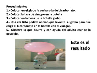 Procedimiento:
1.- Colocar en el globo la cucharada de bicarbonato.
2.- Colocar la taza de vinagre en la botella
3.- Colocar en la boca de la botella globo.
4.- Una vez listo pedirle al niño que levante el globo para que
caiga el bicarbonato en la botella con el vinagre.
5.- Observa lo que ocurre y con ayuda del adulto escribe lo
ocurrido.
Este es el
resultado
 