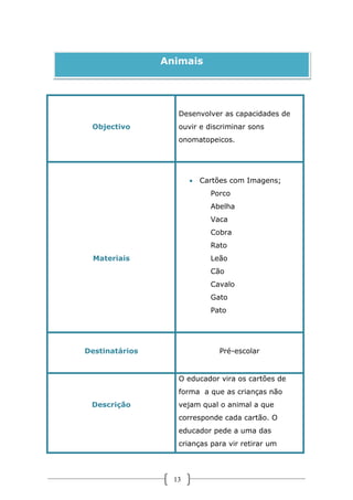 Animais

Desenvolver as capacidades de
Objectivo

ouvir e discriminar sons
onomatopeicos.

 Cartões com Imagens;
Porco
Abelha
Vaca
Cobra
Rato
Materiais

Leão
Cão
Cavalo
Gato
Pato

Destinatários

Pré-escolar

O educador vira os cartões de
forma a que as crianças não
Descrição

vejam qual o animal a que
corresponde cada cartão. O
educador pede a uma das
crianças para vir retirar um

13

 