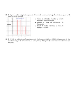 18.
a. Indica los intervalos de horas en los que la etapa discurre en subida.
b. ¿En algún intervalo de tiempo la etapa discurre en terreno llano? En caso afirmativo, indica el intervalo.
c. ¿Cuál es la altura máxima que se alcanza en la etapa? ¿A qué hora se alcanza?
19. El precio de alquiler de una bicicleta es de 2€ la hora o fracción. Representa gráficamente la función que
relaciona el precio del alquiler con el tiempo de duración. ¿Qué tipo de función resulta? ¿Es continua o
discontinua?
20. Construye la tabla de distribución de frecuencias de la siguiente serie de datos correspondientes a las
edades de algunos componentes del coro de un colegio.
16, 10, 12, 15, 15, 12, 10, 10, 16, 14, 9, 11, 14, 12, 13, 14, 15, 11
a. Indica la población, muestra y variable estadística (indicando el tipo)
b. Calcula la media aritmética, la moda, la mediana y el rango.
c. Representa el diagrama de barras y el polígono de frecuencias de los datos de la actividad.
21. El diagrama de barras siguiente representa el número de personas en el hogar familiar de un grupo de 40
niños/as de una guardería.
22. El 45 % de los habitantes de Tropicalia combate el calor con ventiladores, el 35 % utiliza aparatos de aire
acondicionado y el 20 % restante usa un paipay. Dibuja el diagrama de sectores correspondiente a esta
situación.
a. Indica la población, muestra y variable
estadística (indicando el tipo)
b. Elabora la tabla de distribución de
frecuencias.
c. Calcula la media aritmética, la moda, la
mediana y el rango.
 